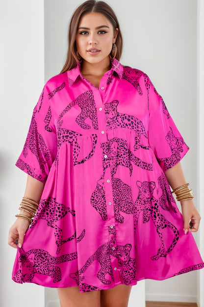 Plus Size Tiger Printed Button Up Half Sleeve Dress - UrbanEthereal
