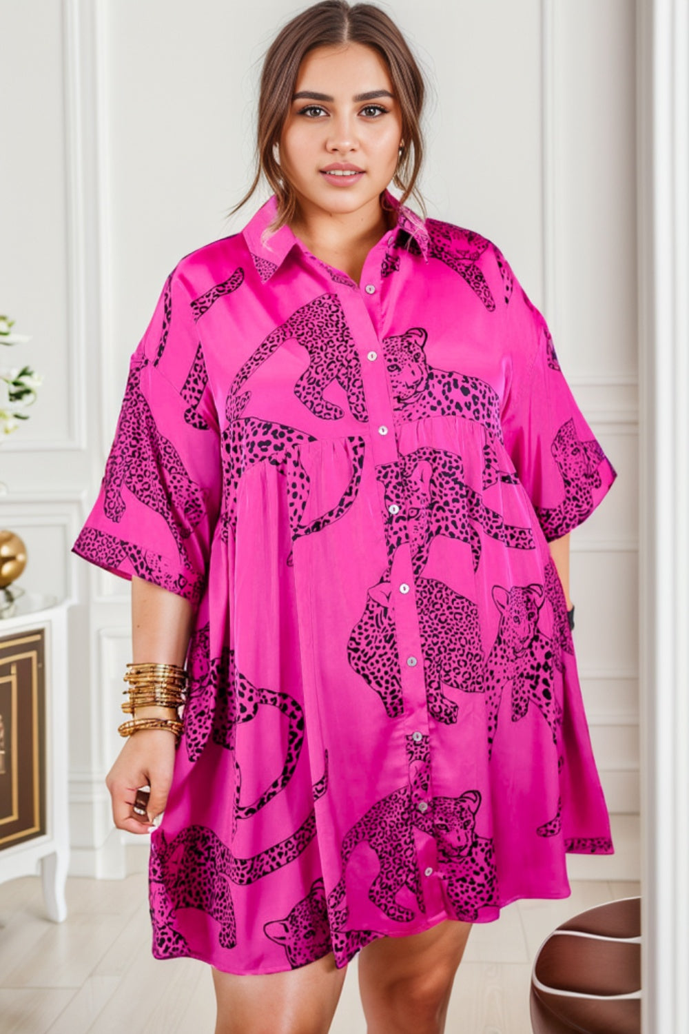 Plus Size Tiger Printed Button Up Half Sleeve Dress - UrbanEthereal