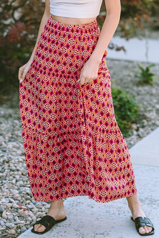 Geometric Elastic Waist Tiered Skirt