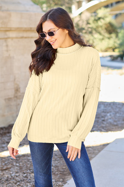 Basic Bae Full Size Ribbed Exposed Seam Mock Neck Knit Top - UrbanEthereal