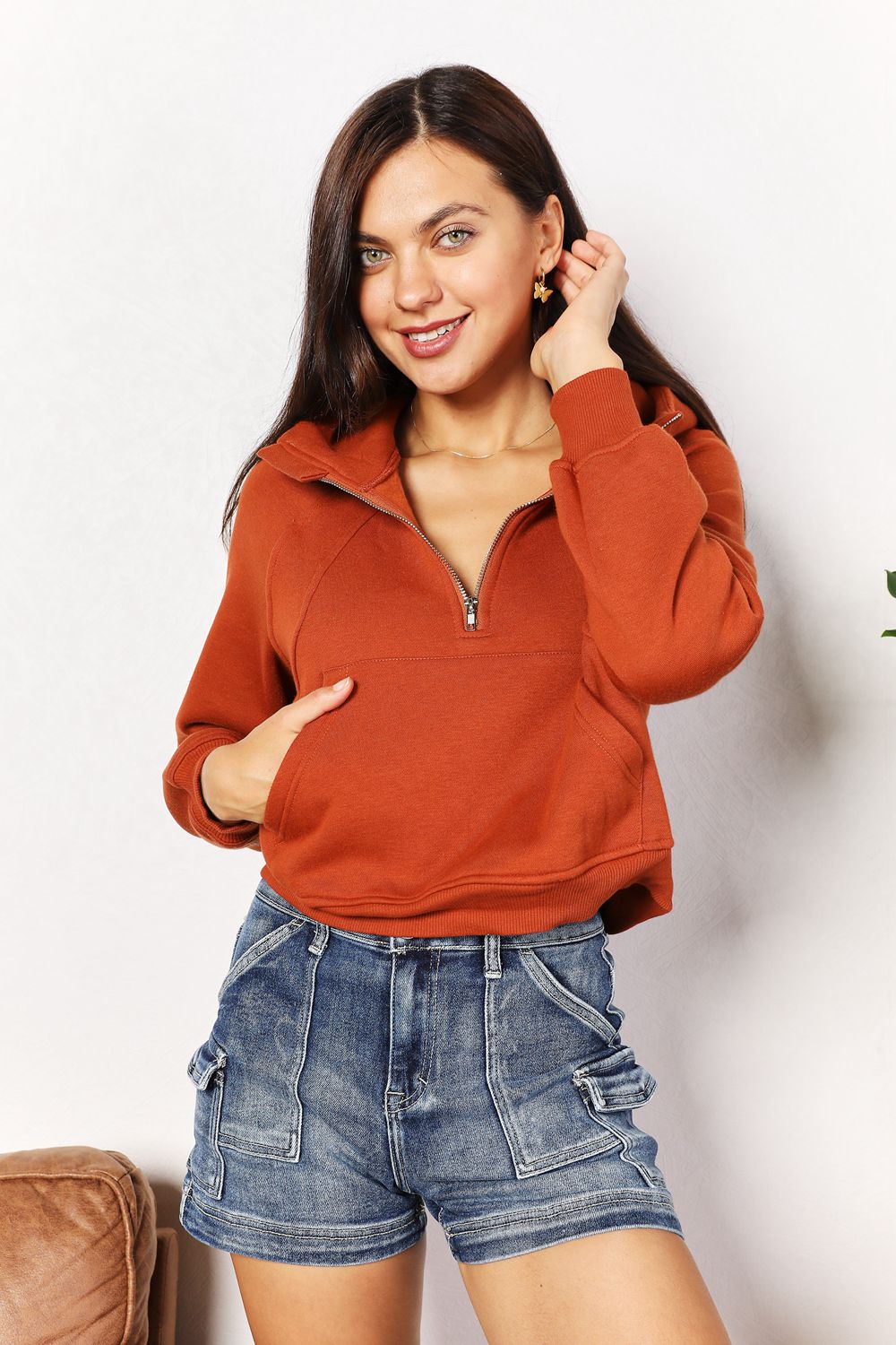 Double Take Half-Zip Long Sleeve Hoodie - UrbanEthereal