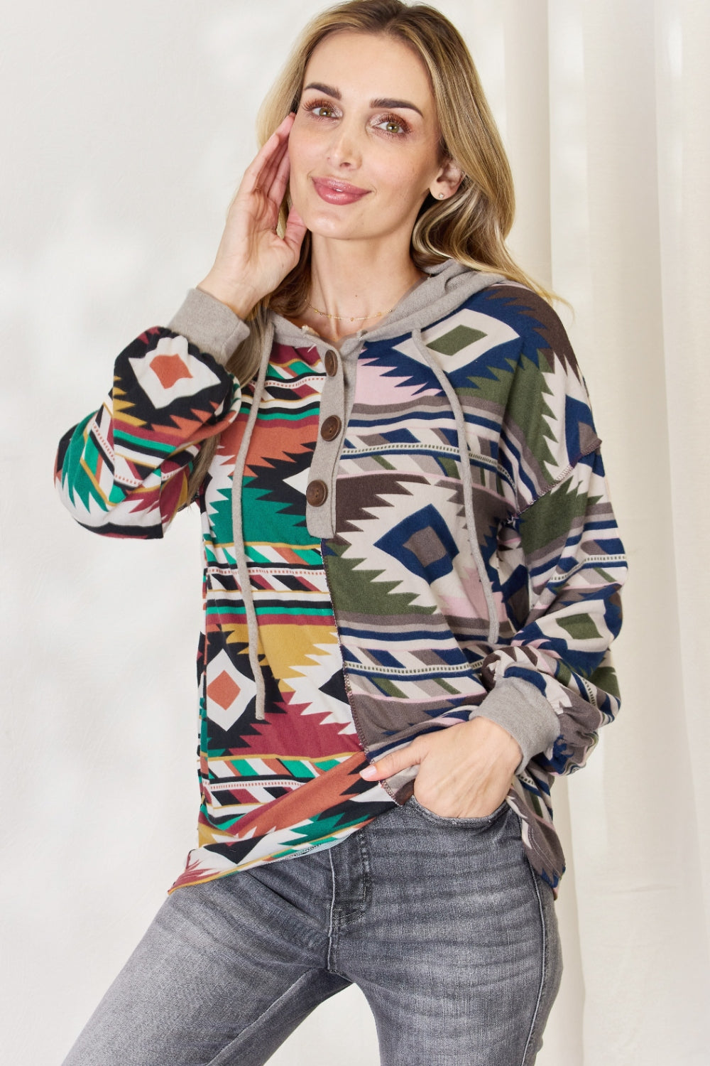 Celeste Full Size Geometric Exposed Seam Drawstring Hoodie - UrbanEthereal