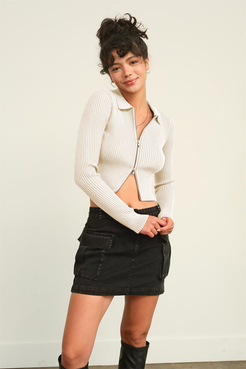 HYFVE Ribbed Double Zip Cropped Cardigan - UrbanEthereal