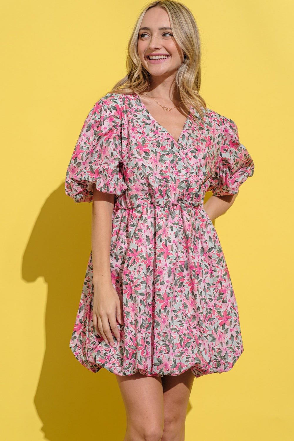 And The Why Full Size Floral Surplice Puff Sleeve Dress - UrbanEthereal