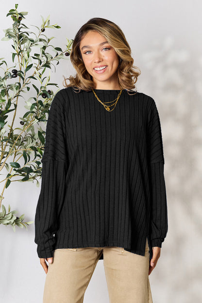 Basic Bae Full Size Ribbed Round Neck Slit Knit Top - UrbanEthereal