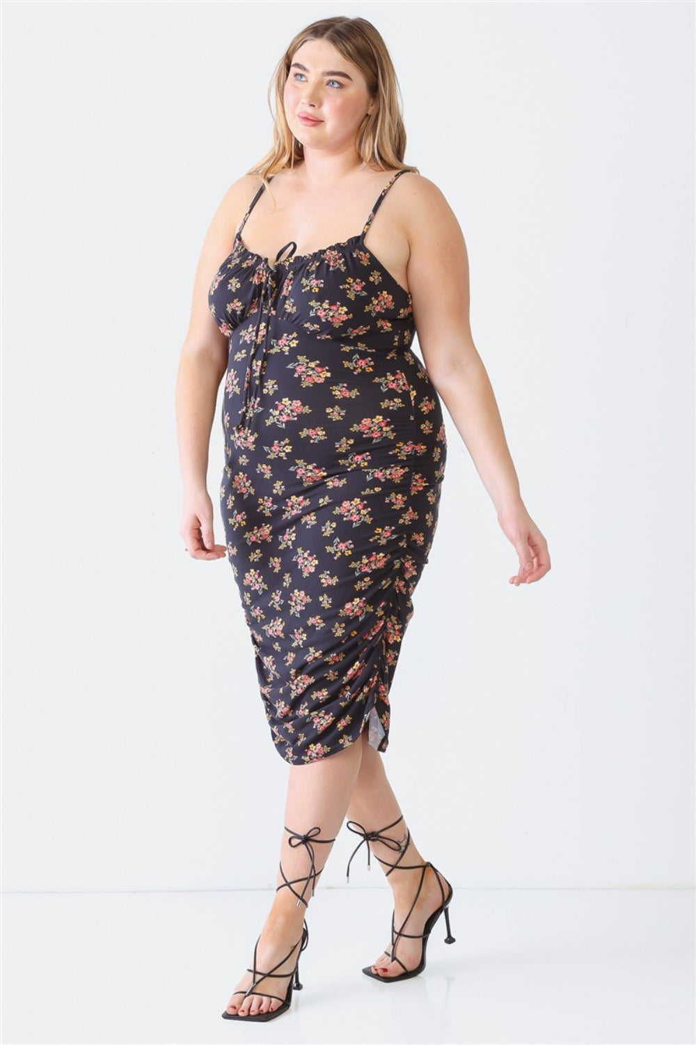 Blue Leopard Plus Size Ruched Floral Square Neck Cami Dress - UrbanEthereal