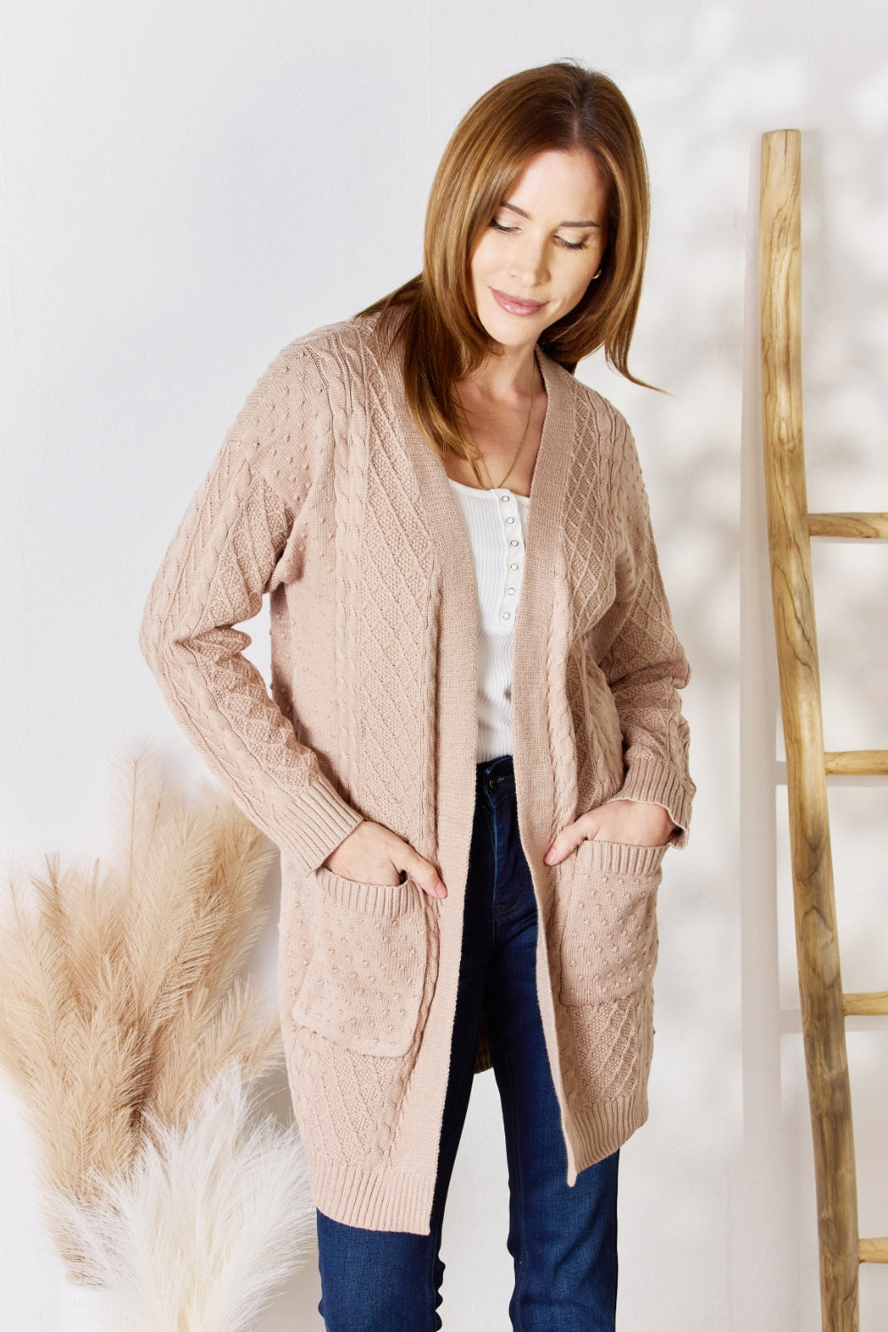 Hailey & Co Full Size Cable-Knit Pocketed Cardigan - UrbanEthereal
