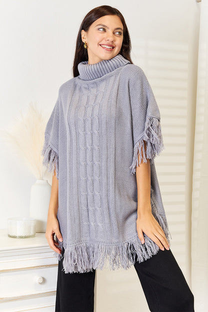 Justin Taylor Turtle Neck Fringe Poncho