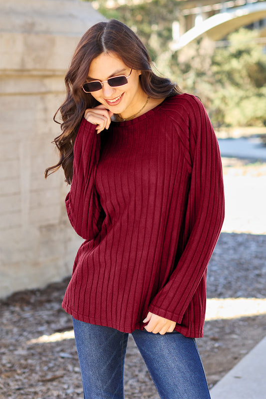 Basic Bae Full Size Ribbed Round Neck Long Sleeve Knit Top - UrbanEthereal