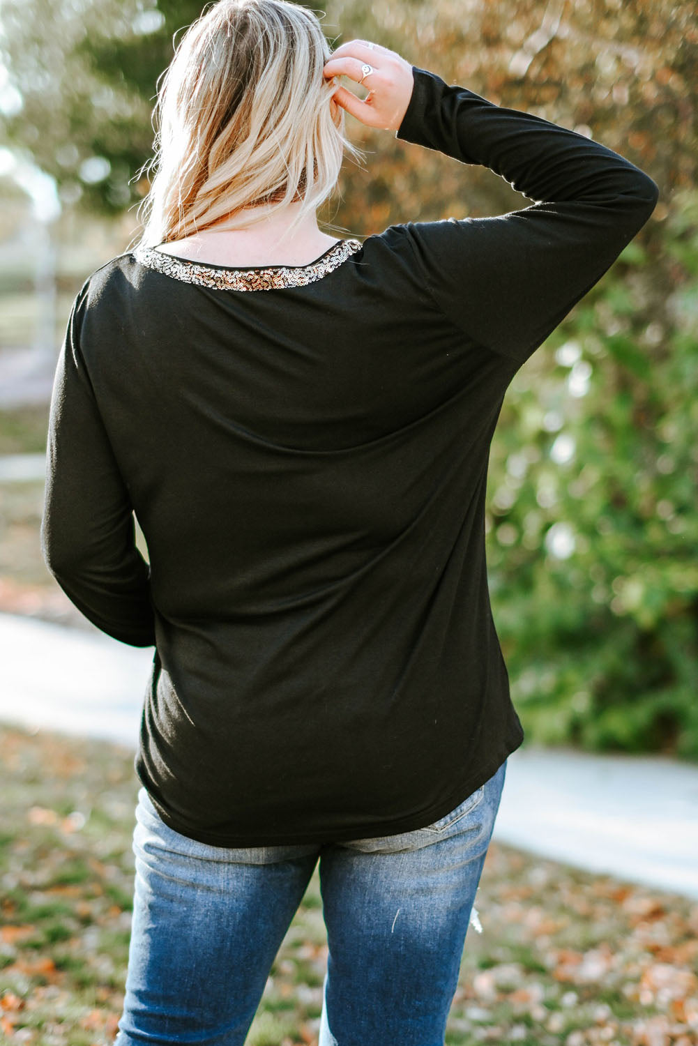 Plus Size Sequin V-Neck Long Sleeve T-Shirt - UrbanEthereal