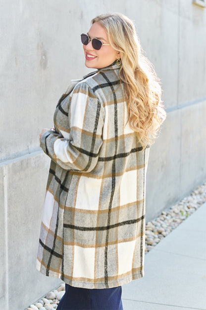 Double Take Full Size Plaid Button Up Lapel Collar Coat - UrbanEthereal