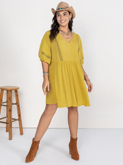 Plus Size Eyelet Swiss Dot Half Sleeve Mini Dress - UrbanEthereal