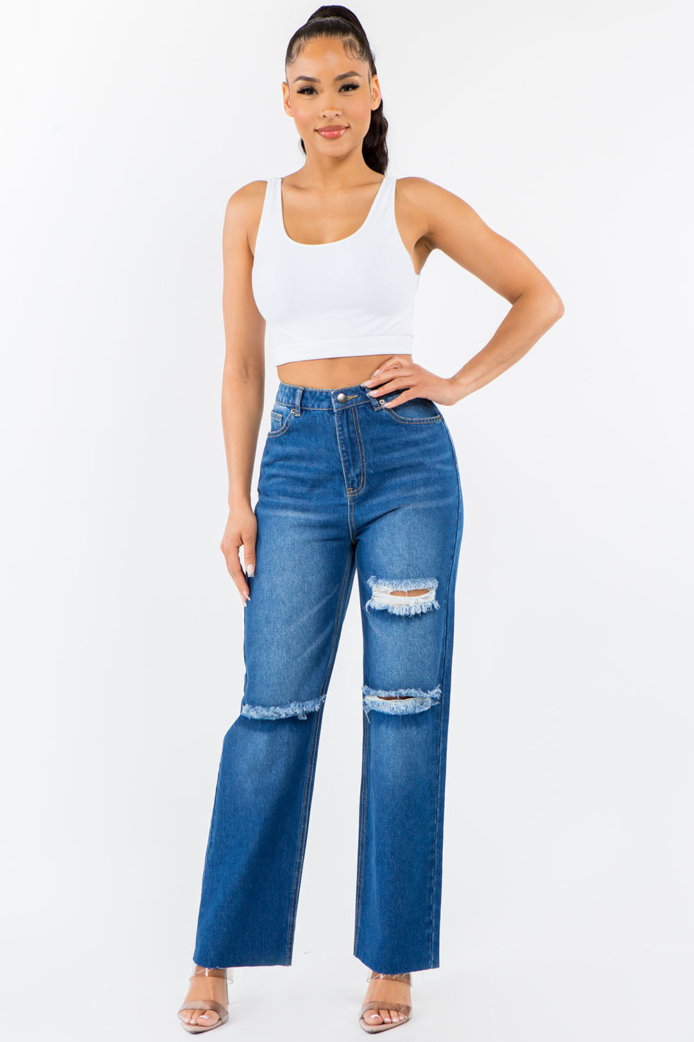 American Bazi High Waist Distressed Wide Leg Jeans - UrbanEthereal