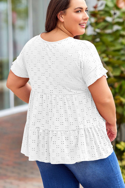Plus Size Eyelet Round Neck Short Sleeve Blouse - UrbanEthereal