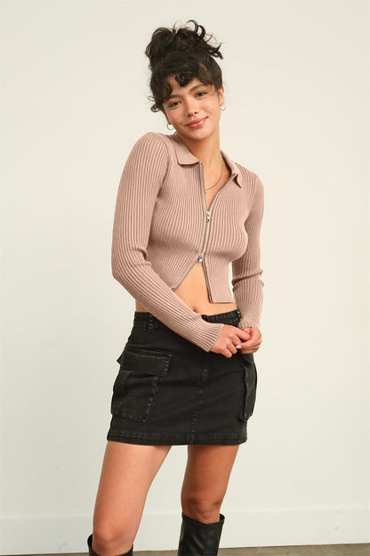 HYFVE Ribbed Double Zip Cropped Cardigan - UrbanEthereal