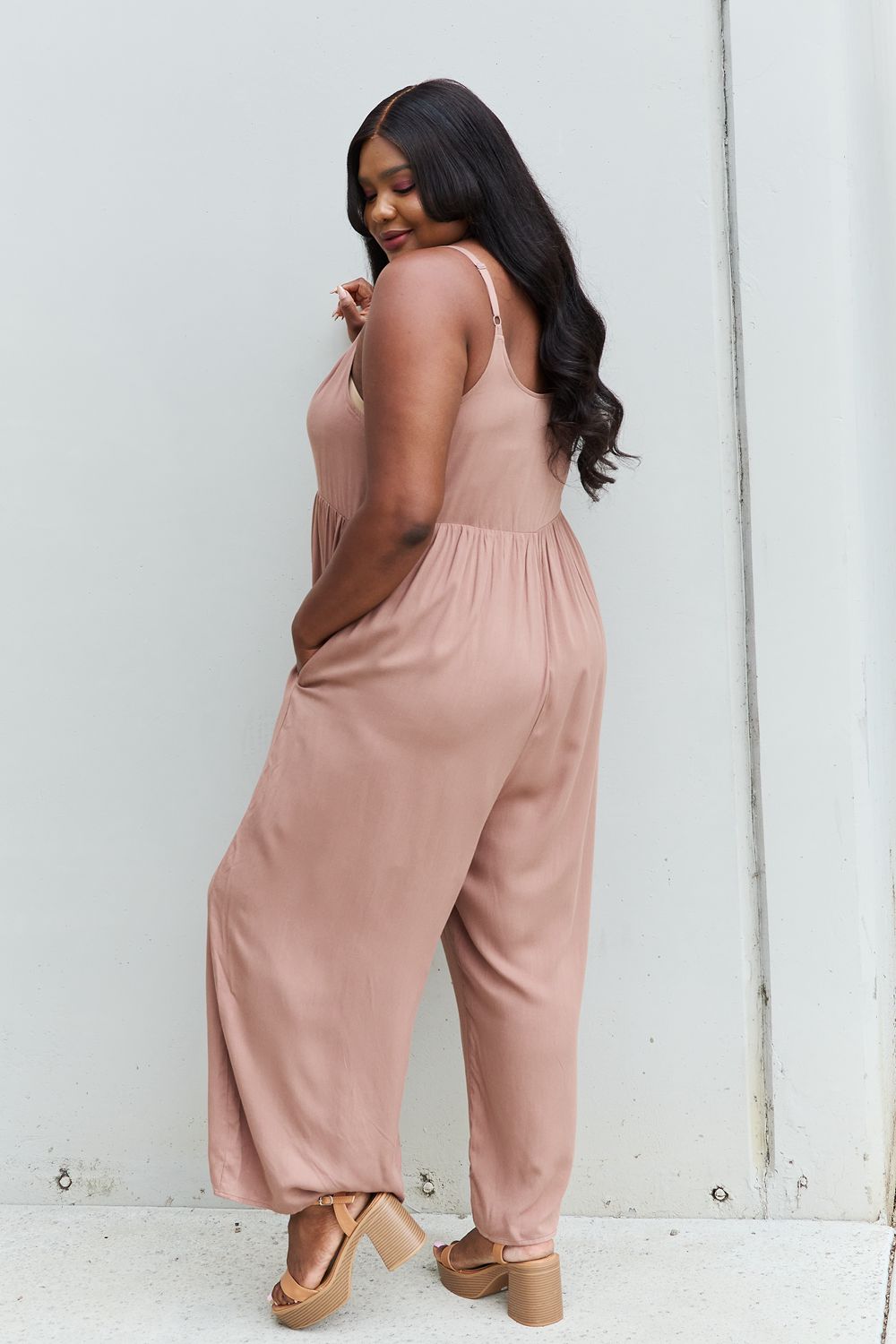 HEYSON All Day Full Size Wide Leg Button Down Jumpsuit in Mocha - UrbanEthereal