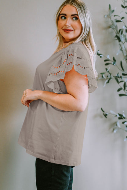 Plus Size Eyelet Round Neck Short Sleeve Blouse - UrbanEthereal