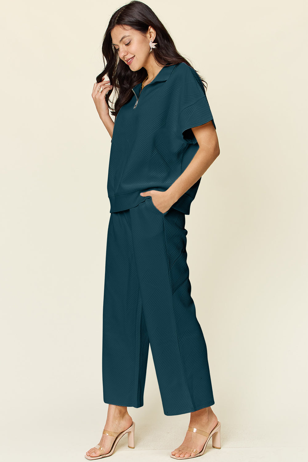 Double Take Full Size Texture Half Zip Short Sleeve Top and Pants Set - UrbanEthereal