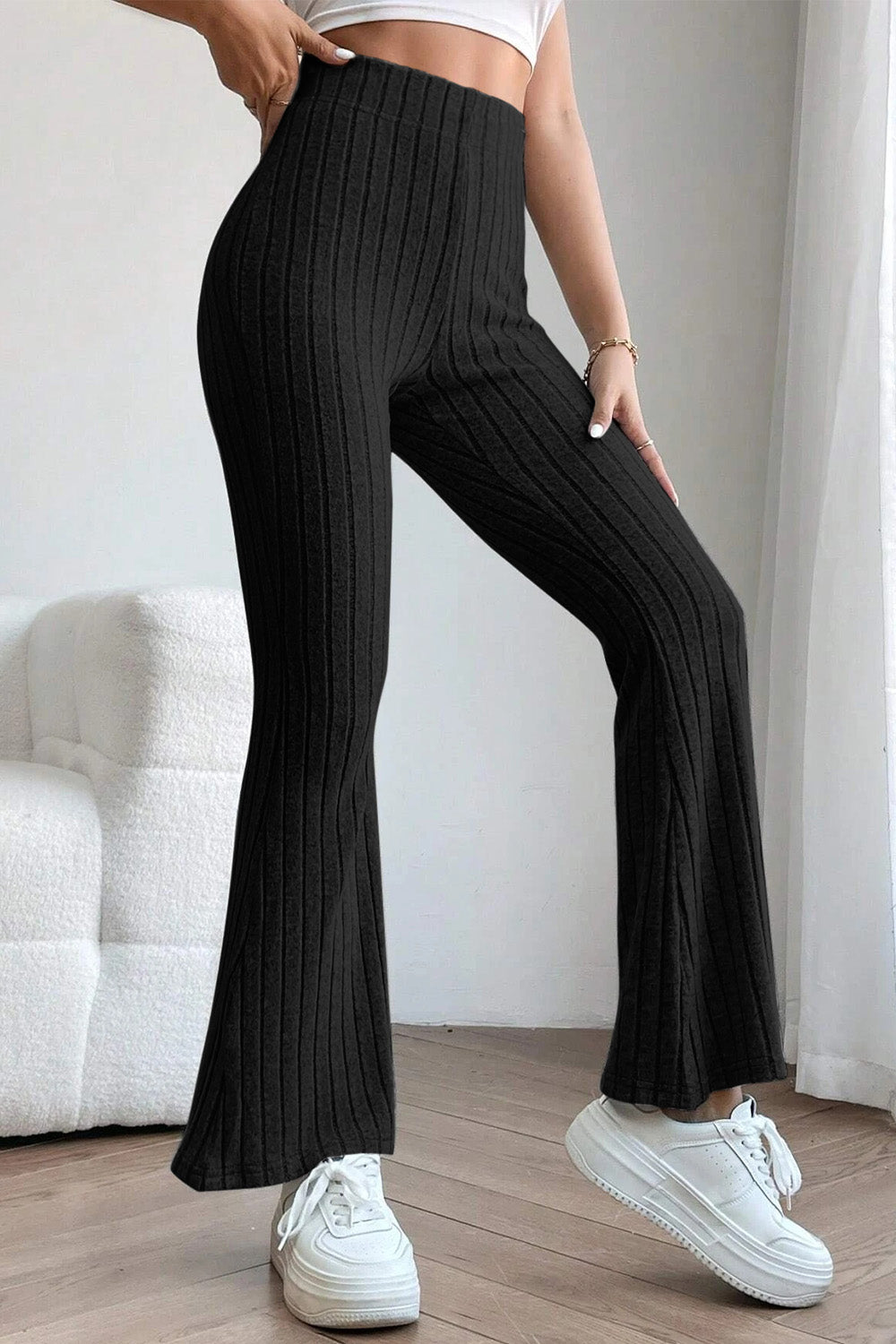 Basic Bae Full Size Ribbed High Waist Flare Pants - UrbanEthereal