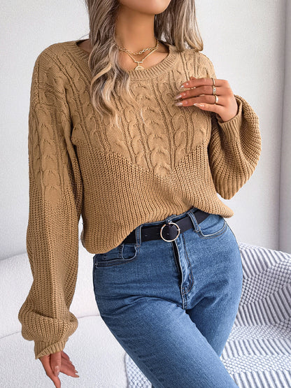 Cable-Knit Round Neck Drop Shoulder Sweater