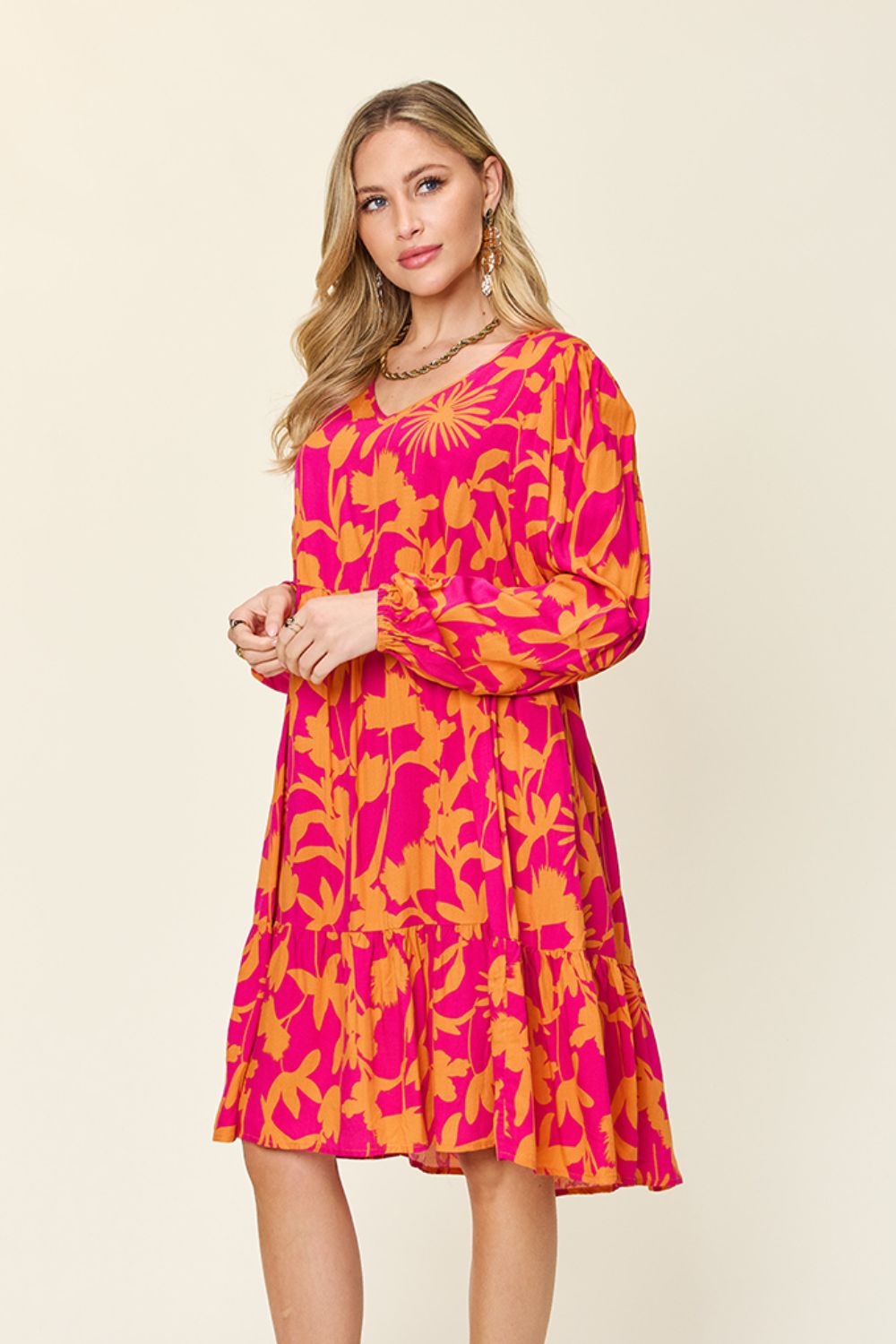 Double Take Full Size Printed Ruffle Hem Dress with Pocket - UrbanEthereal