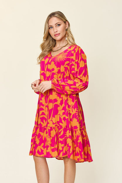 Double Take Full Size Printed Ruffle Hem Dress with Pocket - UrbanEthereal