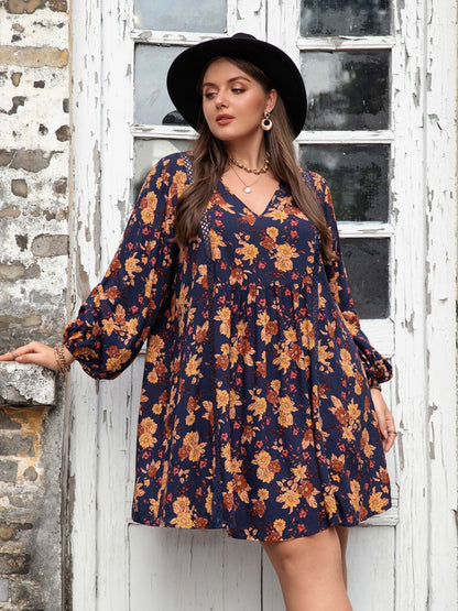 Plus Size Floral V-Neck Balloon Sleeve Dress - UrbanEthereal