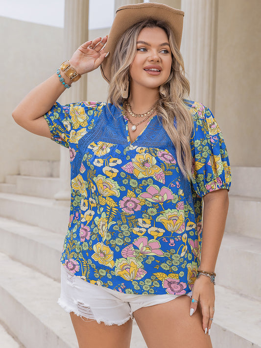Plus Size Printed Notched Short Sleeve Blouse - UrbanEthereal