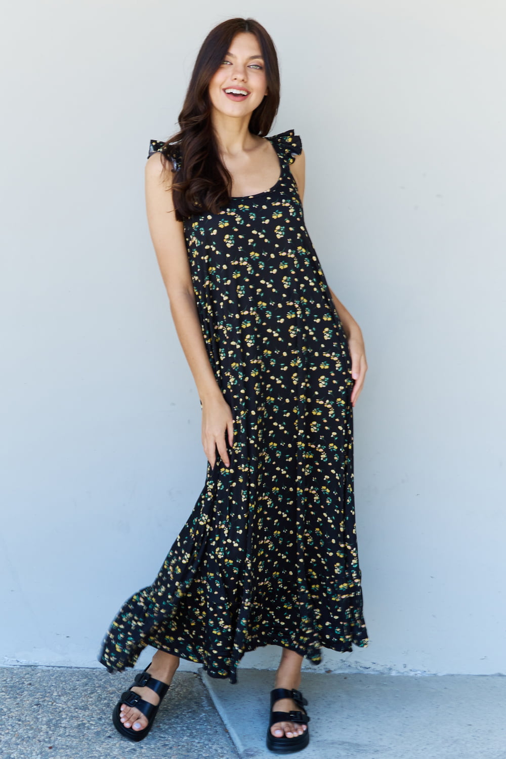 Doublju In The Garden Ruffle Floral Maxi Dress in Black Yellow Floral - UrbanEthereal