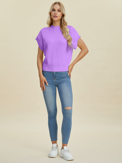 Double Take Full Size Mock Neck Short Sleeve Sweater - UrbanEthereal