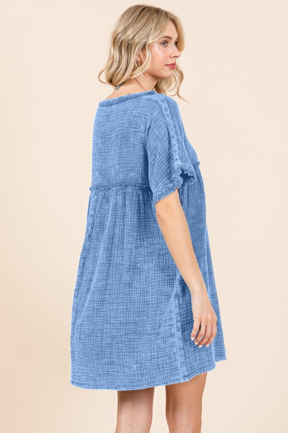 Culture Code Full Size Short Sleeve Babydoll Texture Dress with Pockets - UrbanEthereal
