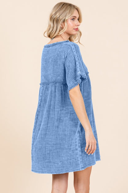 Culture Code Full Size Short Sleeve Babydoll Texture Dress with Pockets - UrbanEthereal