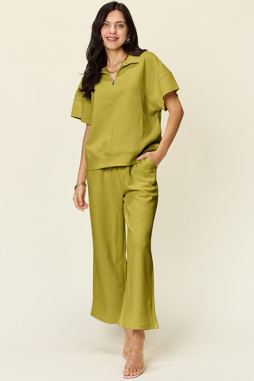 Double Take Full Size Texture Half Zip Short Sleeve Top and Pants Set - UrbanEthereal