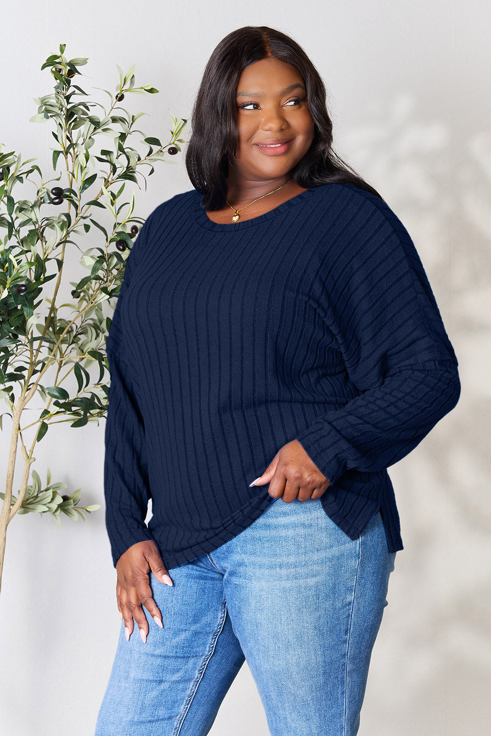 Basic Bae Full Size Ribbed Round Neck Slit Knit Top - UrbanEthereal