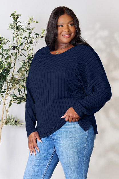 Basic Bae Full Size Ribbed Round Neck Slit Knit Top - UrbanEthereal