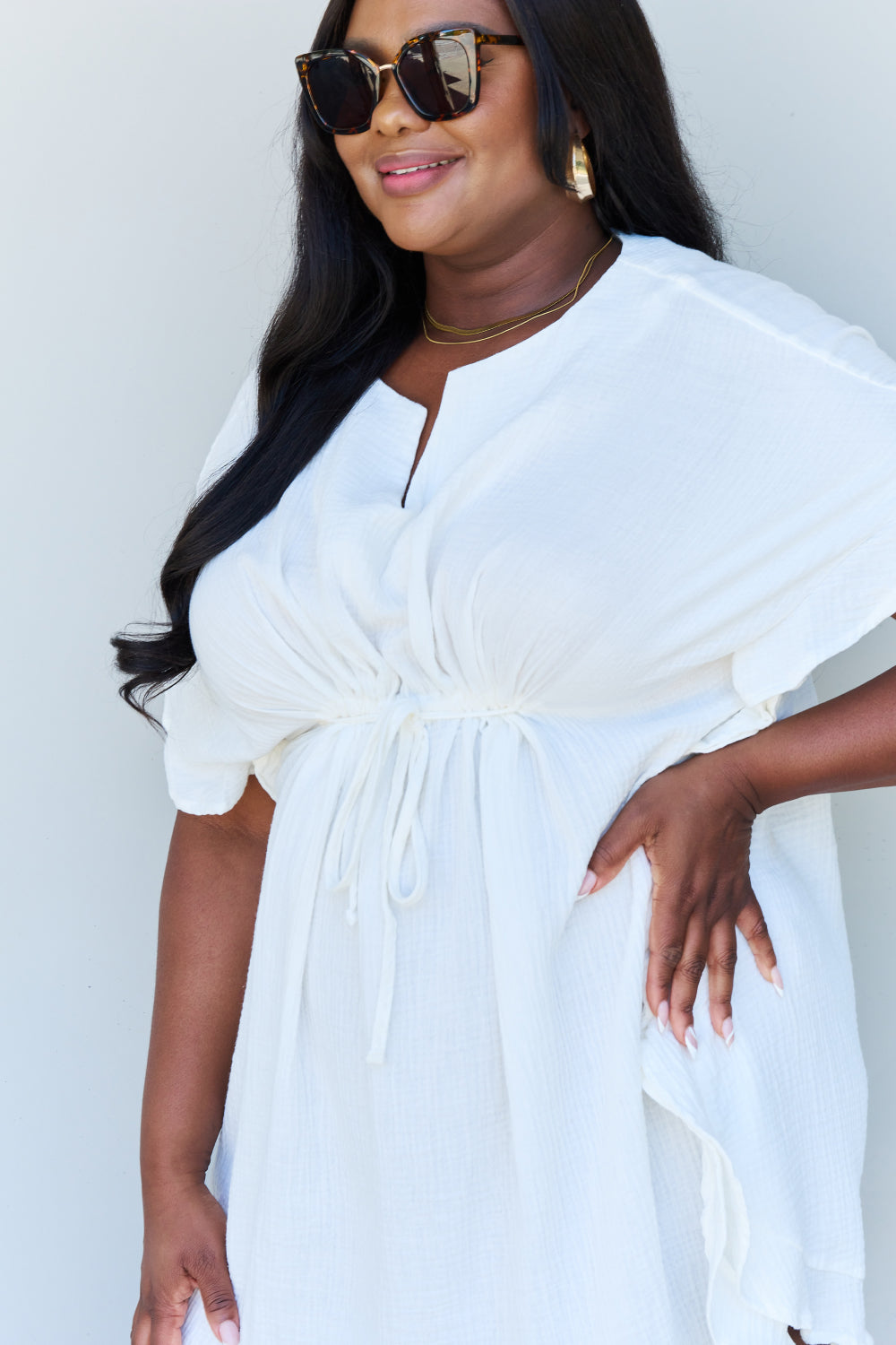 Ninexis Out Of Time Full Size Ruffle Hem Dress with Drawstring Waistband in White - UrbanEthereal