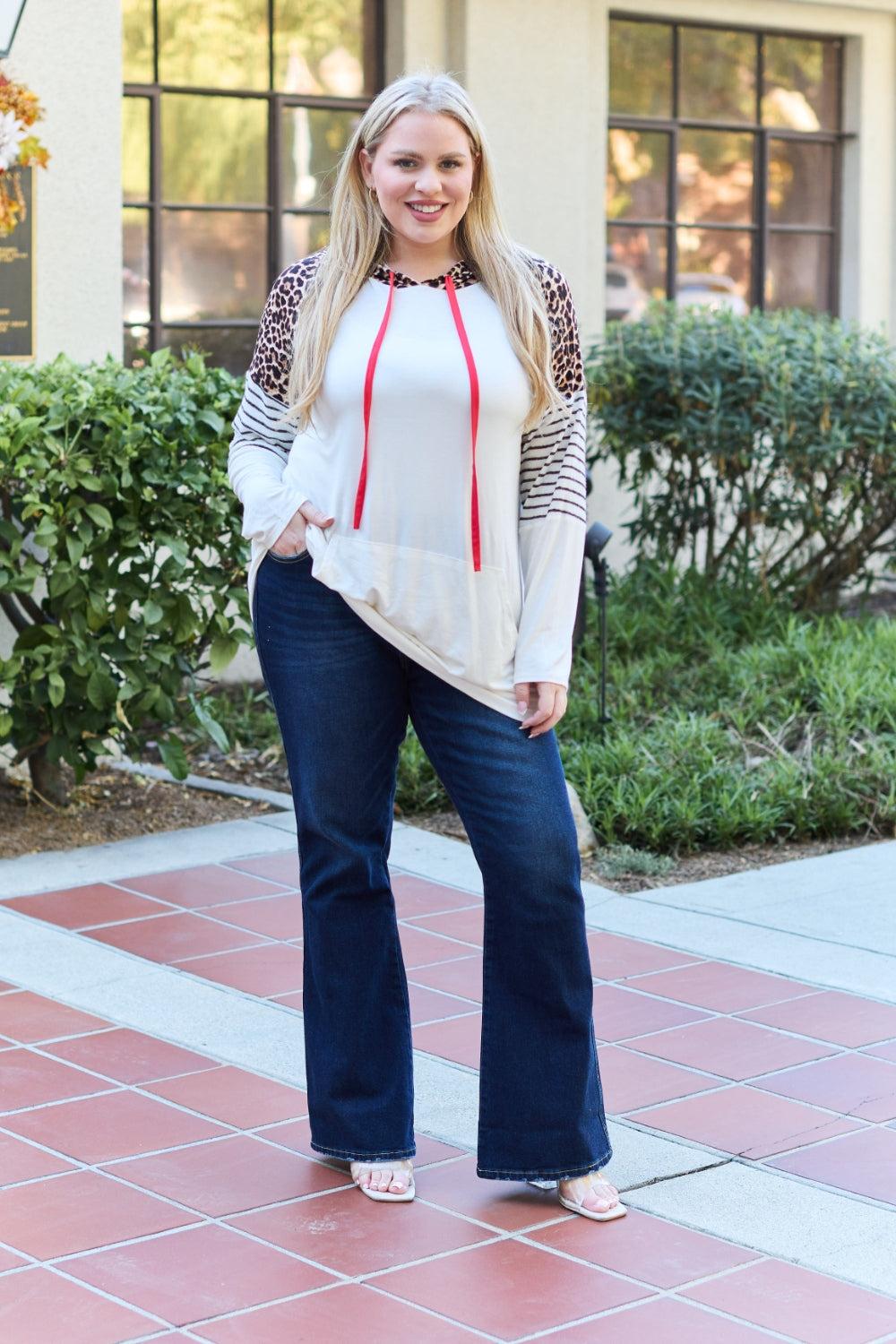 Celeste Design Full Size Leopard Contrast Drawstring Hoodie - UrbanEthereal