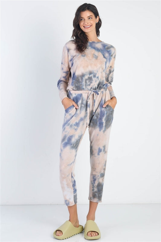 Cherish Apparel Tie-Dye Round Neck Long Sleeve Jumpsuit - UrbanEthereal