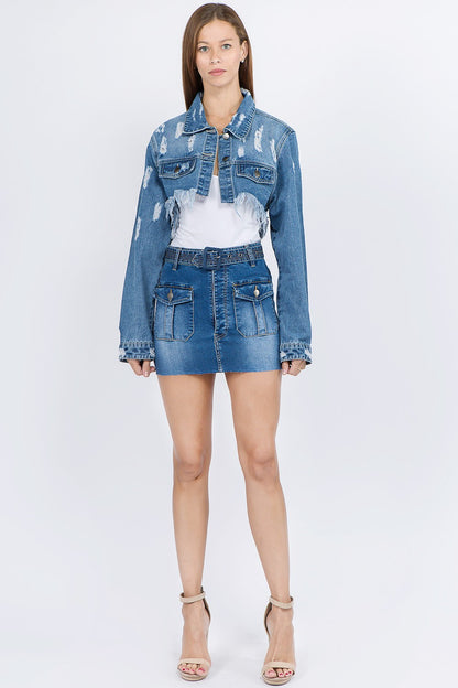 American Bazi Distressed Denim Jacket with Frayed Hem - UrbanEthereal