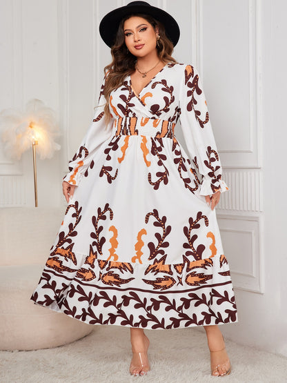 Plus Size Printed Surplice Flounce Sleeve Dress - UrbanEthereal