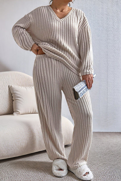 Plus Size Ribbed V-Neck Drop Shoulder Top and Pants Set - UrbanEthereal