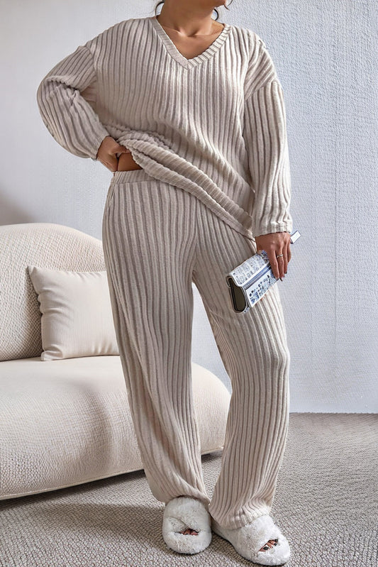 Plus Size Ribbed V-Neck Drop Shoulder Top and Pants Set - UrbanEthereal
