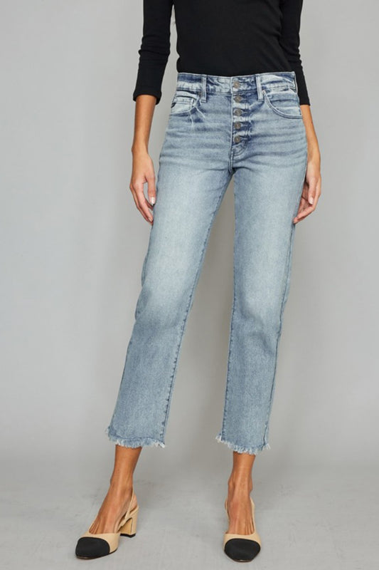 Kancan High Waist Button Fly Raw Hem Cropped Straight Jeans - UrbanEthereal