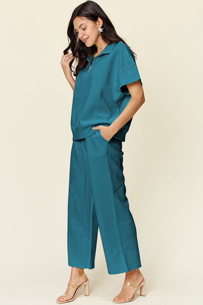 Double Take Full Size Texture Half Zip Short Sleeve Top and Pants Set - UrbanEthereal