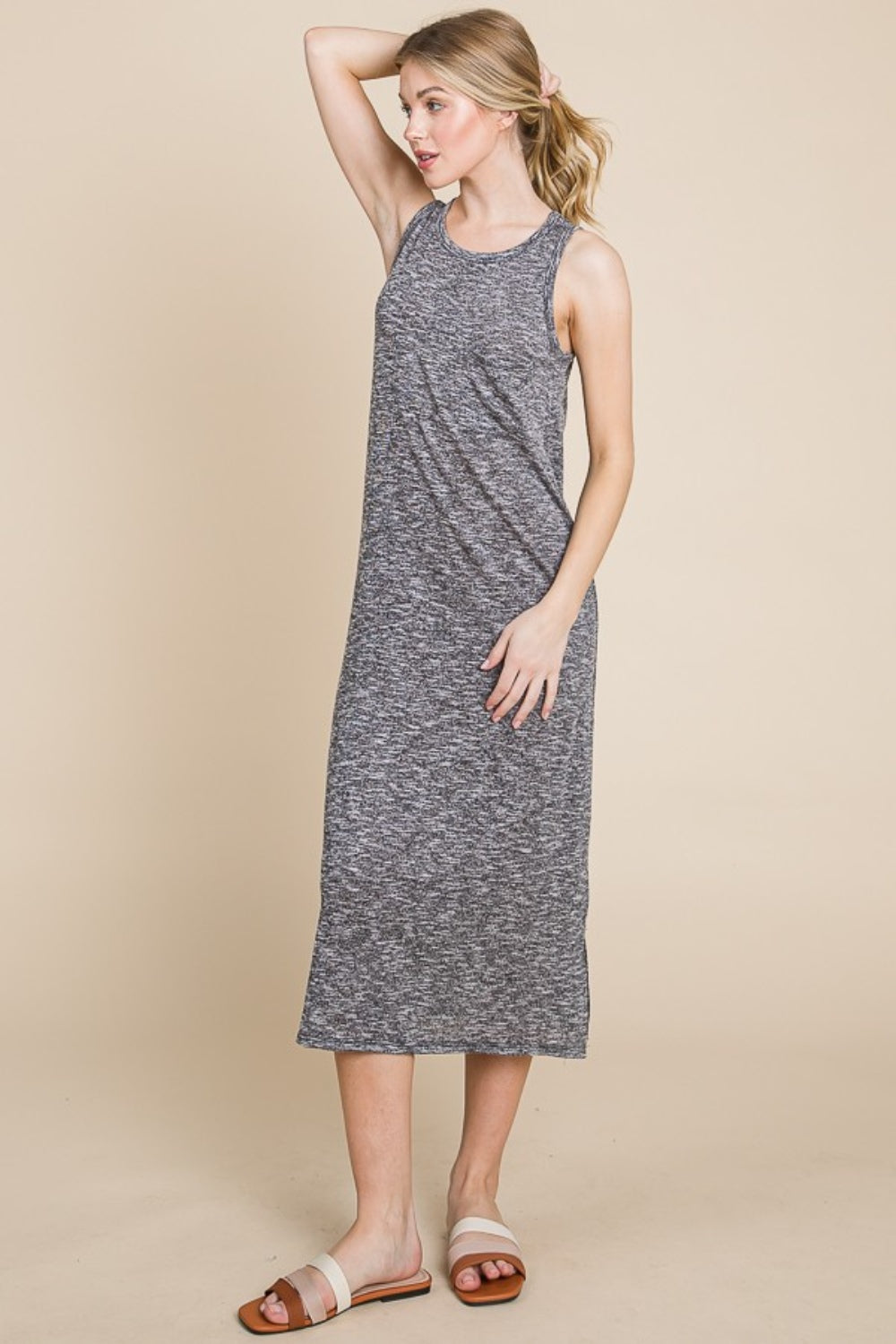 BOMBOM Round Neck Slit Midi Tank Dress - UrbanEthereal