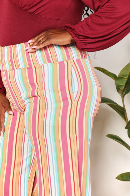 Double Take Striped Smocked Waist Pants with Pockets - UrbanEthereal