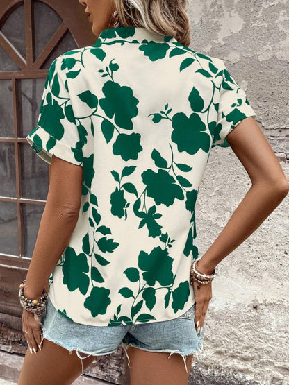 Flower Notched Short Sleeve Blouse - UrbanEthereal