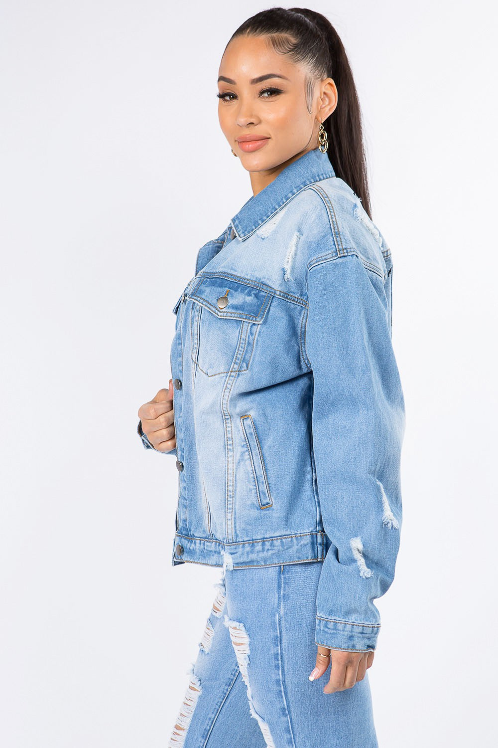 American Bazi Graphic Distressed Long Sleeve Denim Jacket - UrbanEthereal
