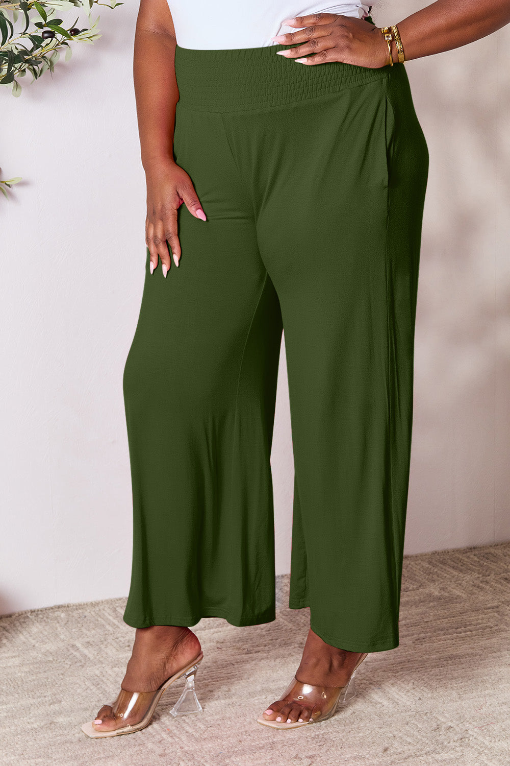 Double Take Full Size Smocked Wide Waistband Wide Leg Pants - UrbanEthereal