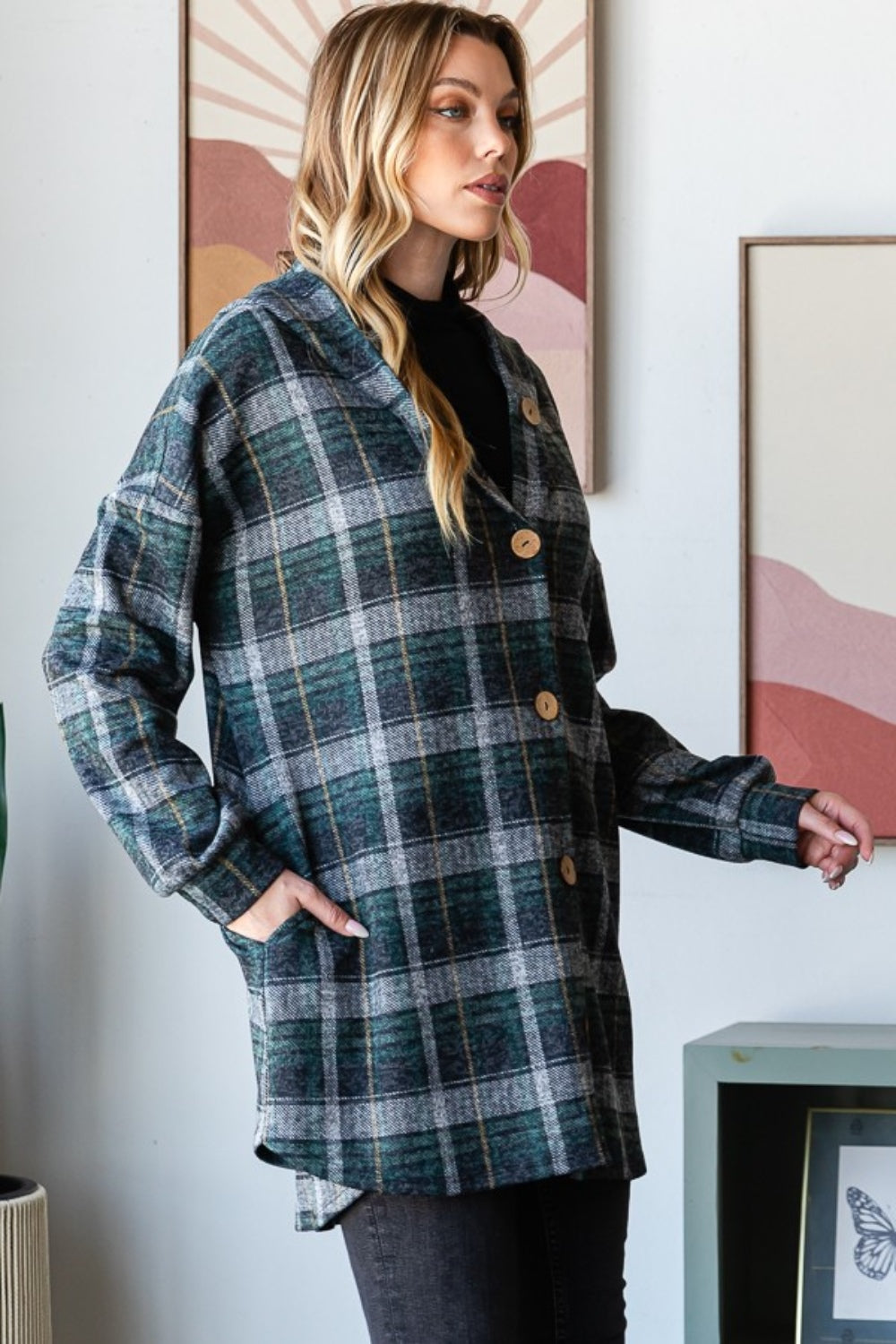 Heimish Plaid Button Down Long Sleeve Hooded Cardigan